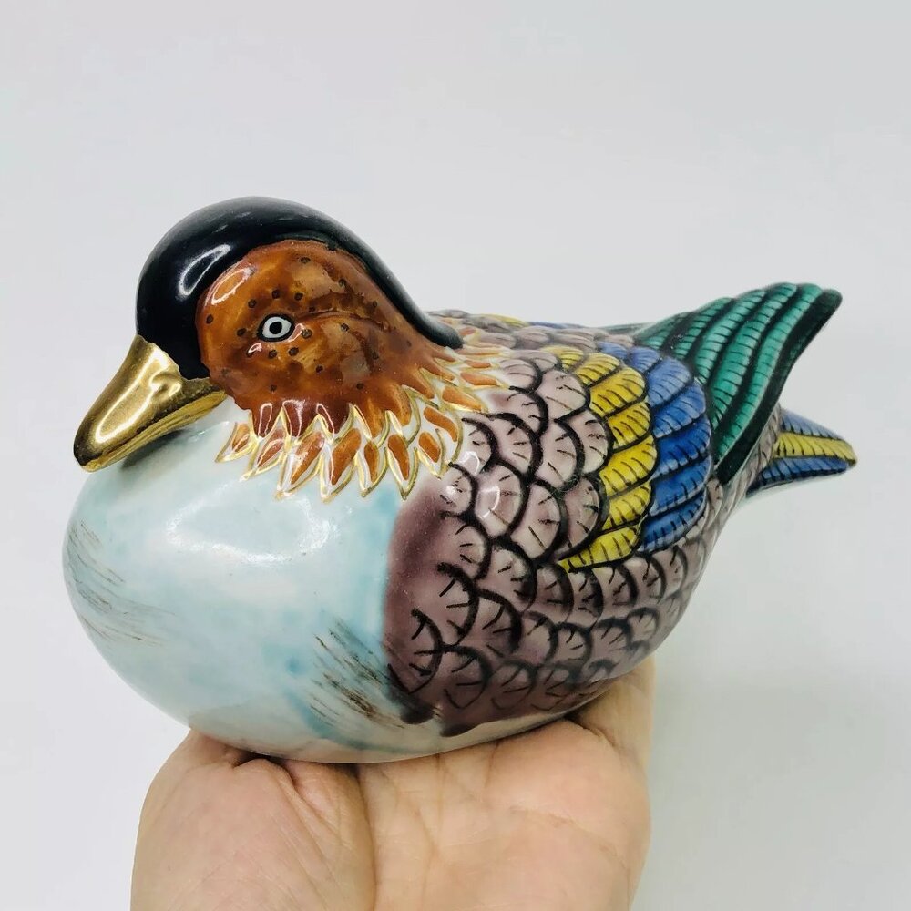 Vintage Bird Figurine Japanese Kutani Mandarin Duck Painted Gilded Signed Stamp - Picture 2 of 9